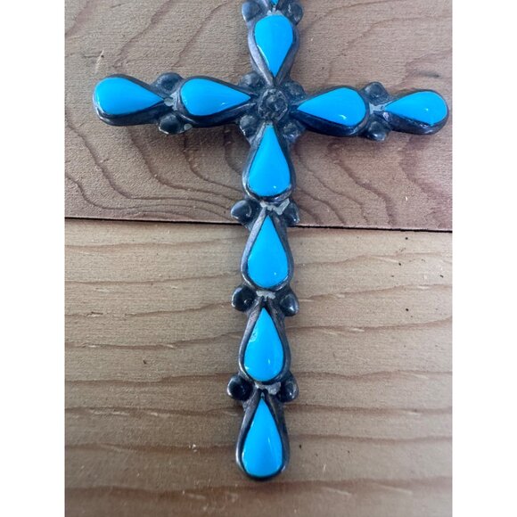 Zuni Sterling Silver Turquoise Cross Pendant - Picture 10 of 11